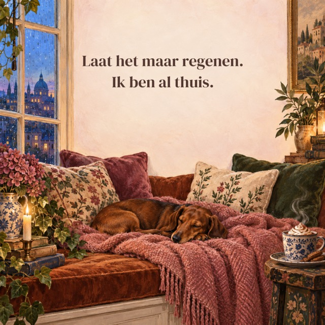 Laat het maar regenen. Ik ben al thuis.