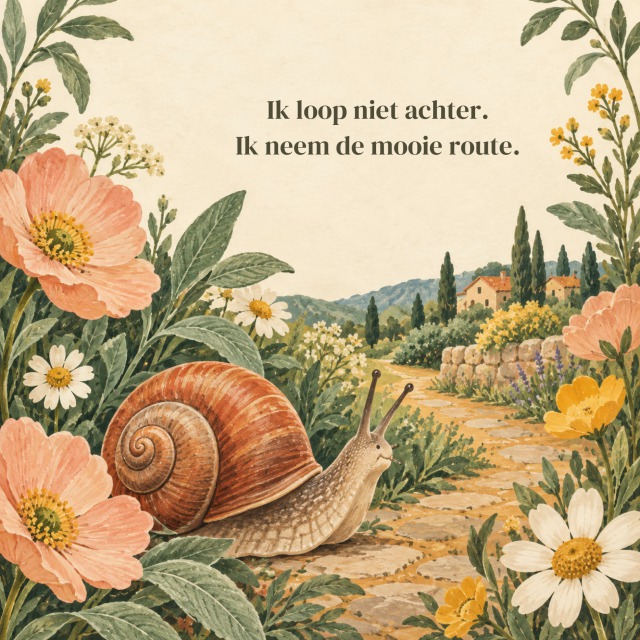 Ik loop niet achter. Ik neem de mooie route.