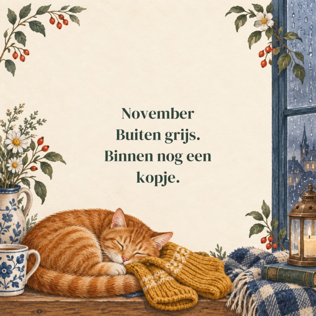 November Buiten grijs. Binnen nog een kopje.